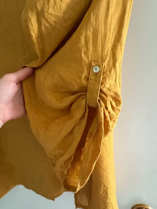 Minimalist Linen Button Blouse Mustard Oversized Relaxed Capsule - Picture 8 of 10